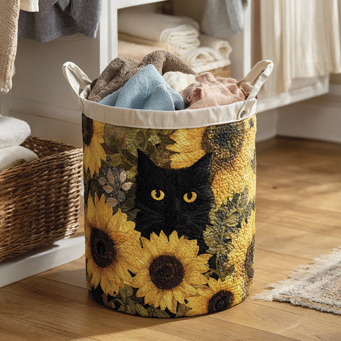 Black Cat and Sunflower Quilted Laundry Basket 1
