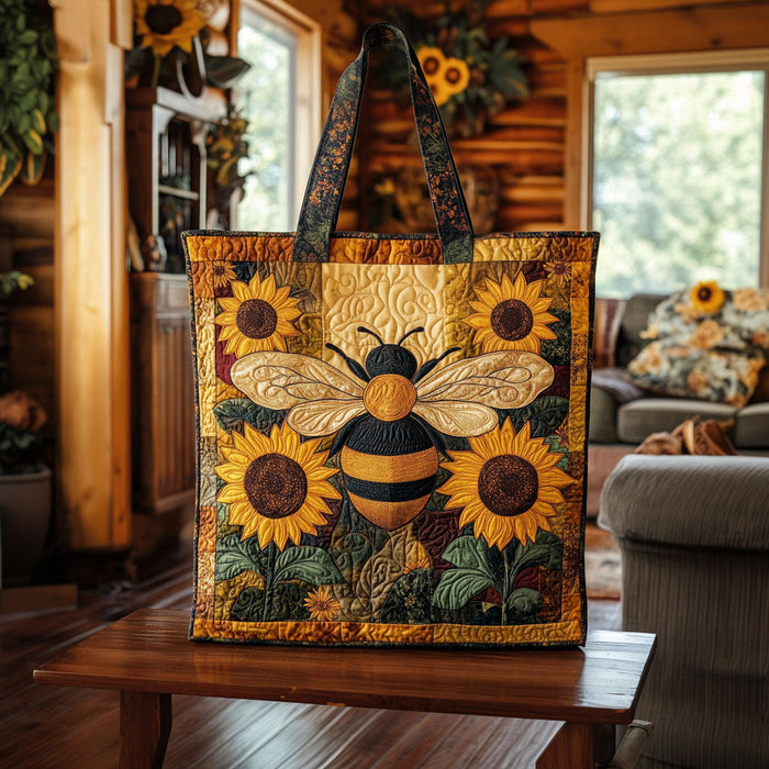 Vintage Sunflower Honeybee Quilted Tote Bag 1