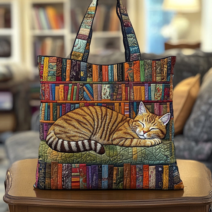 Bookish Cat Nap Quilted Tote Bag 1
