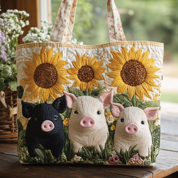 Sunflower and Pigs Quilted Tote Bag 1