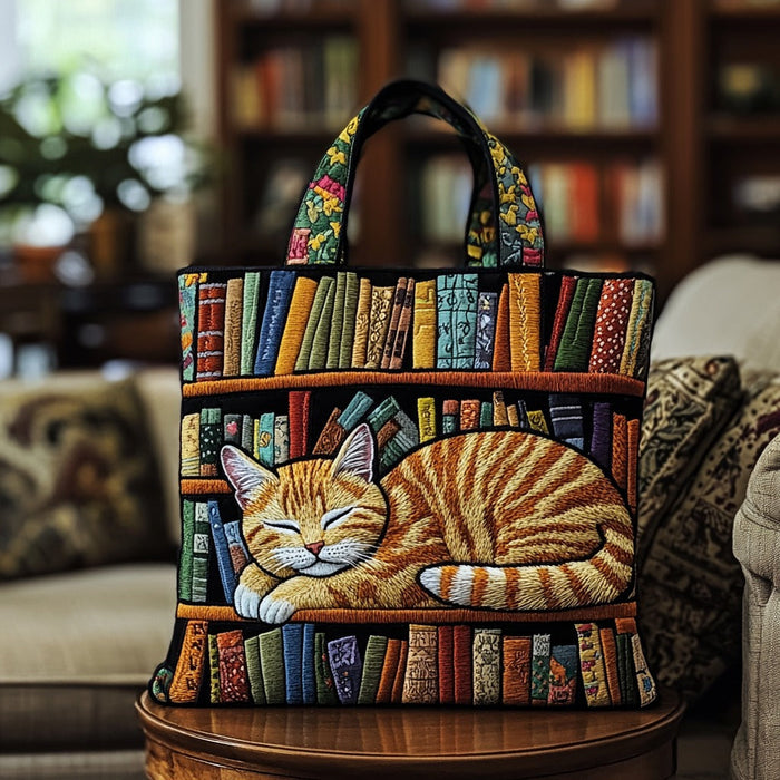 Cat Loves Books Quilted Tote Bag 1