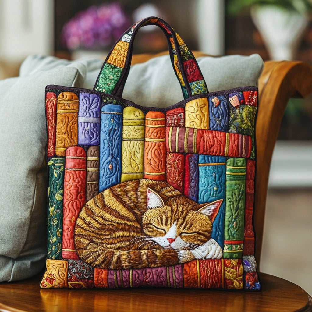 Vintage Library Cat Quilted Tote Bag 1
