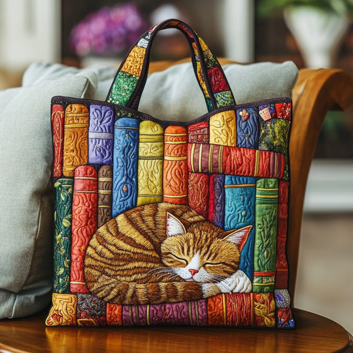Vintage Library Cat Quilted Tote Bag 1