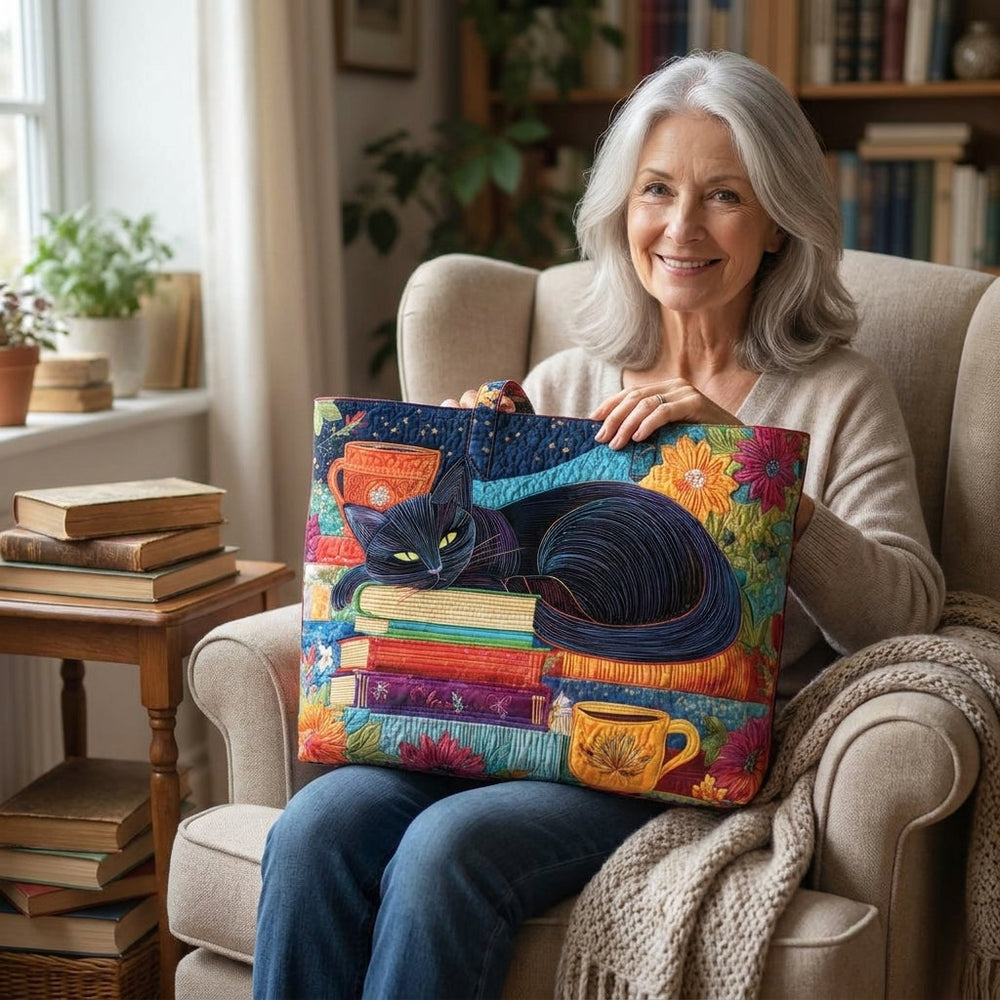 Artisan Bag - Black Cat with Books and Mugs 2