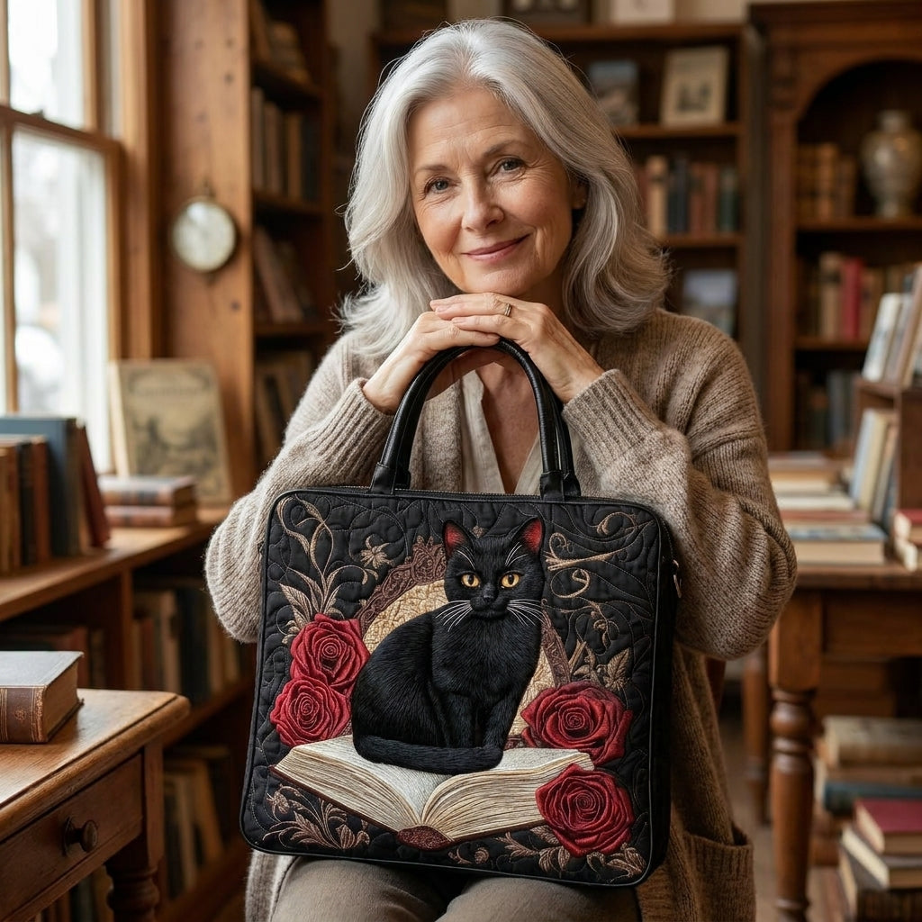 Quilted Artisan Bag - Black Cat on Books 3