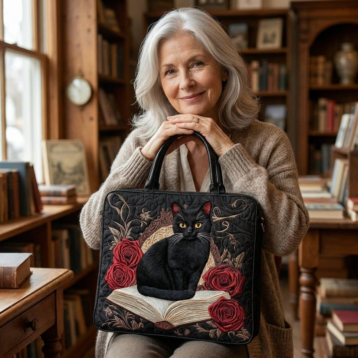 Quilted Artisan Bag - Black Cat on Books 3