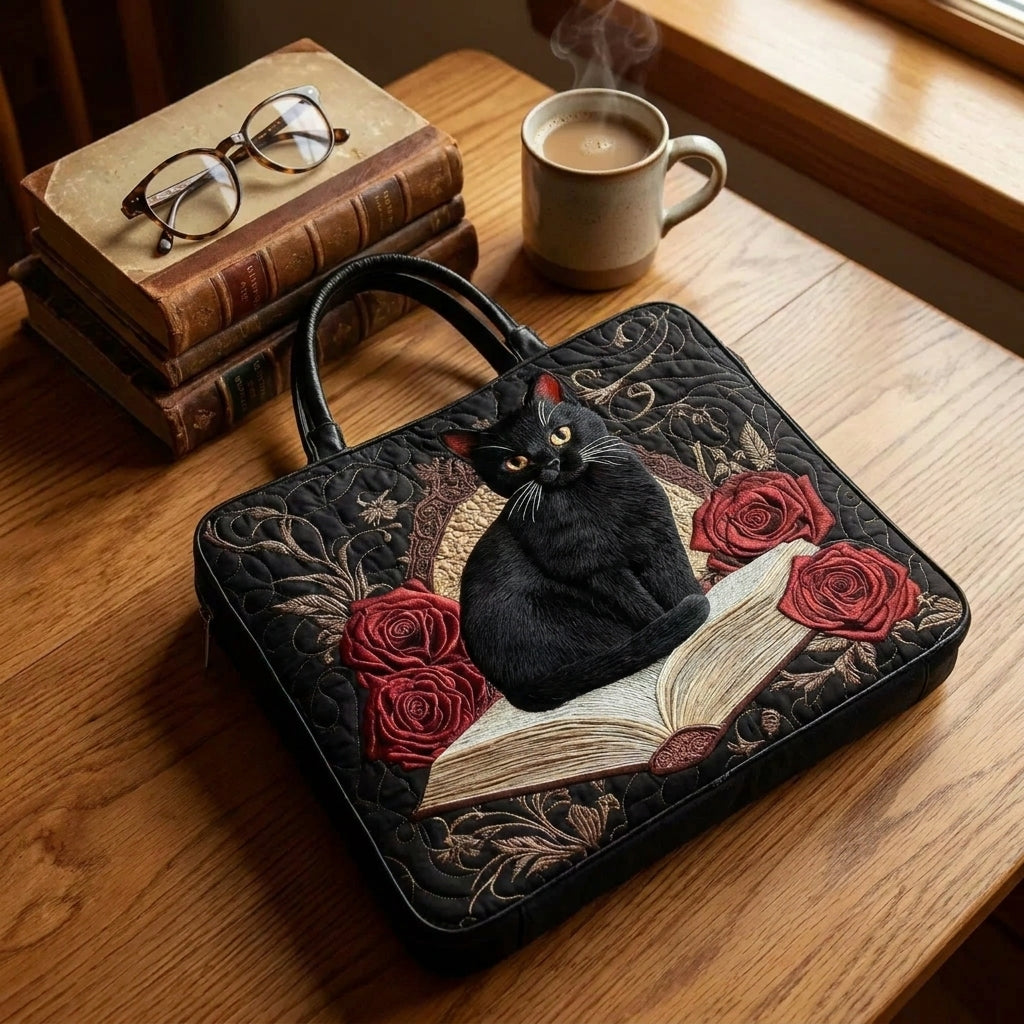 Quilted Artisan Bag - Black Cat on Books 4