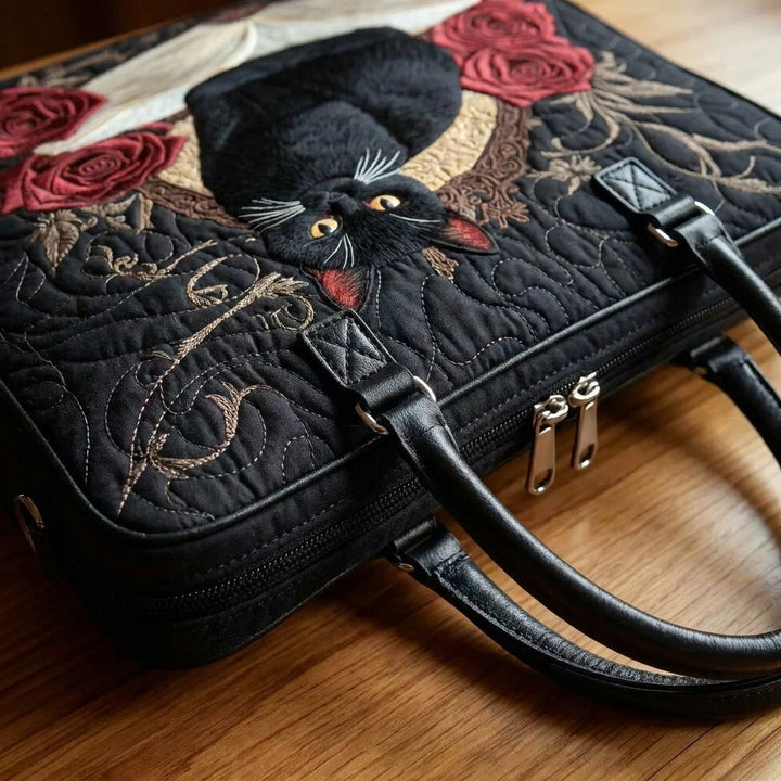 Quilted Artisan Bag - Black Cat on Books 5