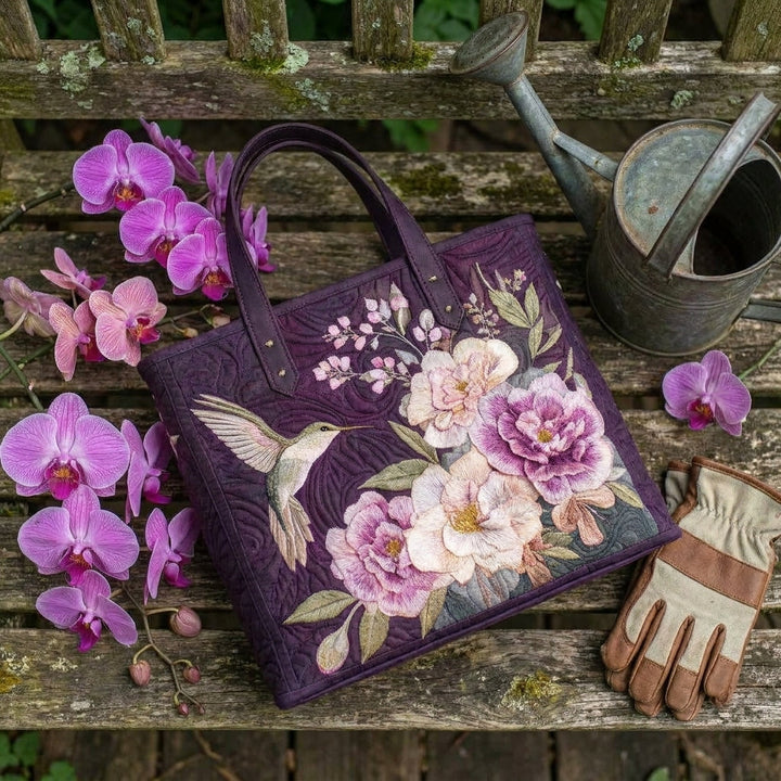 Artisanal Quilted Bag - Hummingbirds and Orchids 6