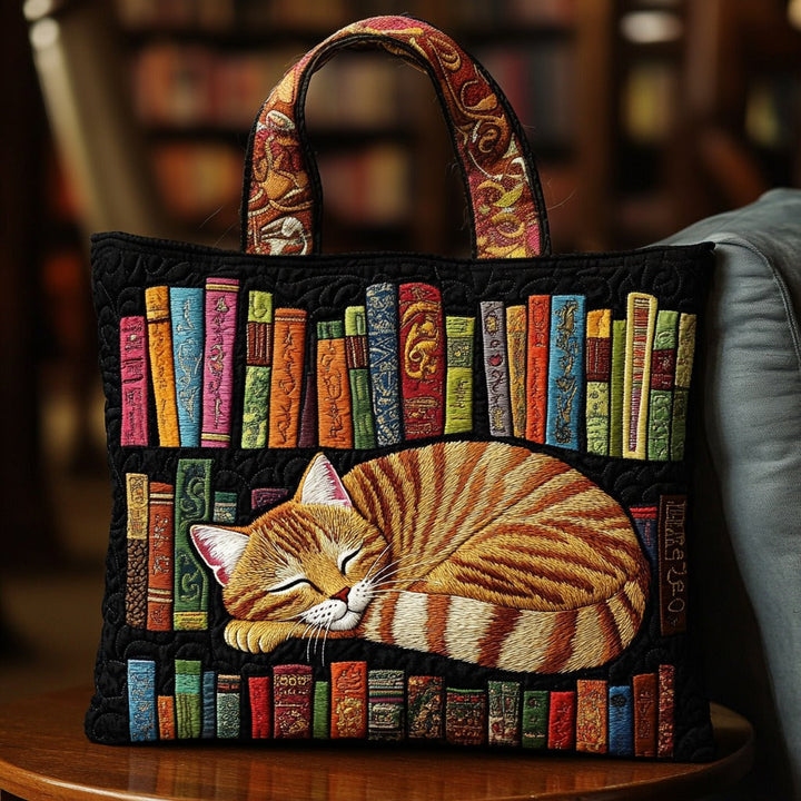 Sleeping Cat And Books Quilted Tote Bag 1