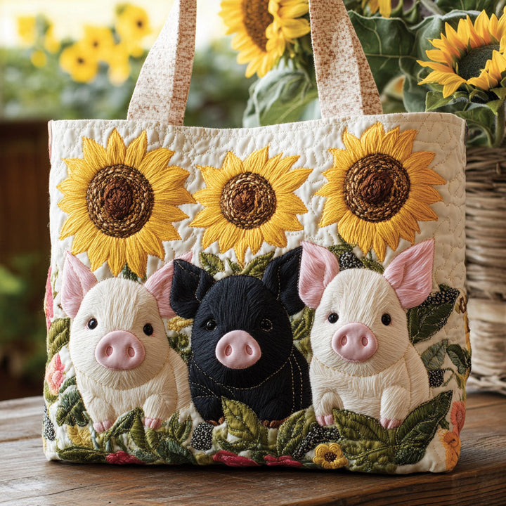 Pig Sunflower Quilted Tote Bag 1