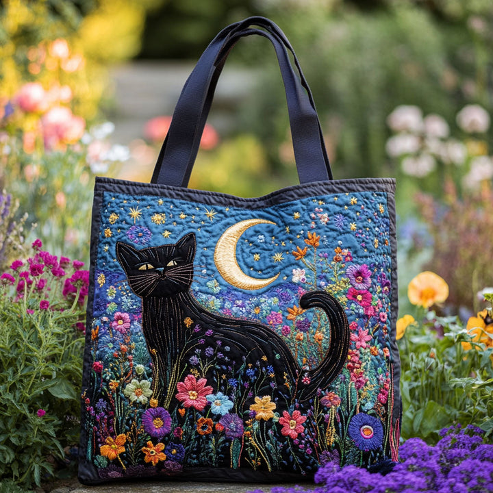 Moonlit Black Cat Quilted Tote Bag 1