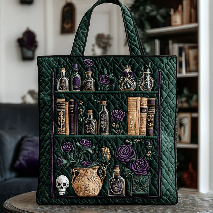 Gothic Botanical Bookshelf Quilted Tote Bag 1