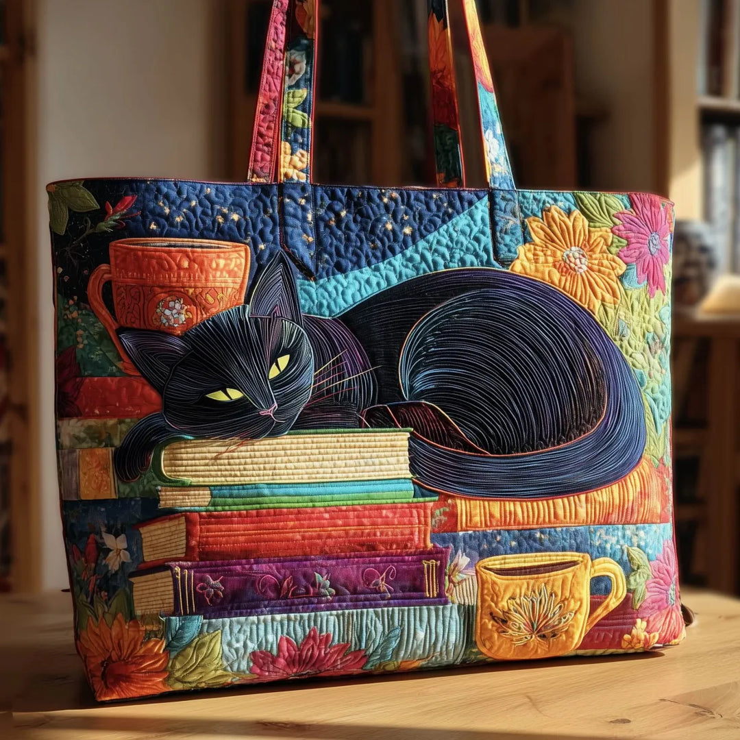 Artisan Bag - Black Cat with Books and Mugs 1