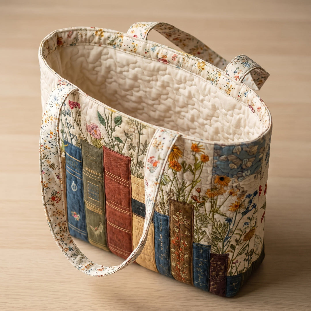 Artisan Quilted Bag - Books and Flowers 3