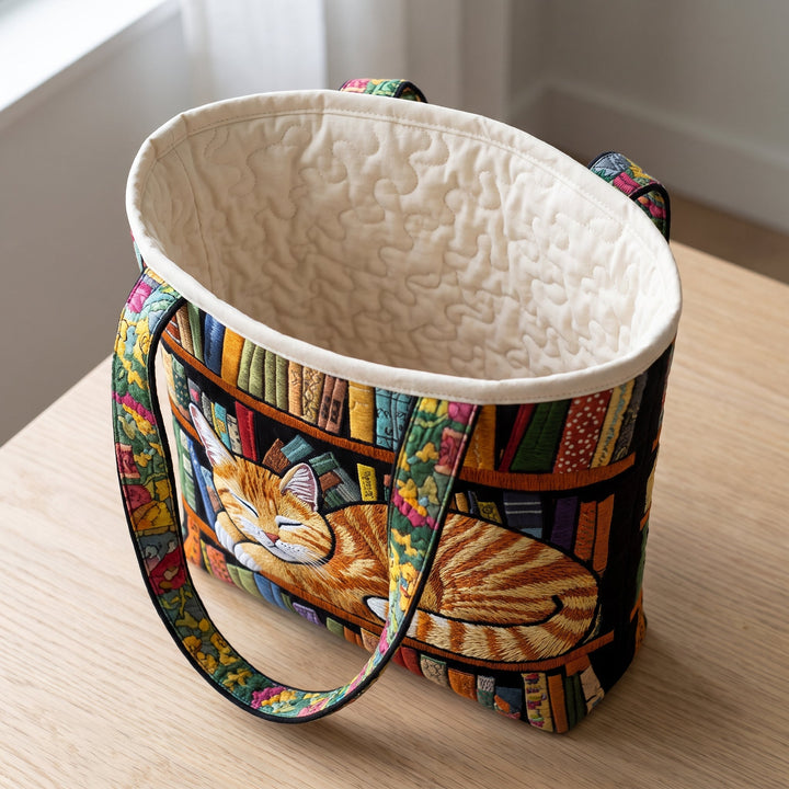 Cat Loves Books Quilted Tote Bag 2