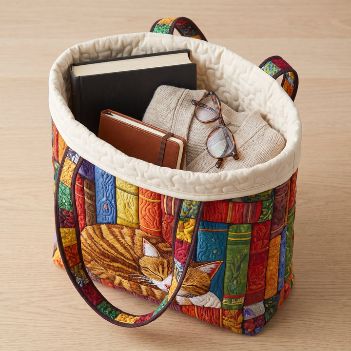 Vintage Library Cat Quilted Tote Bag 3