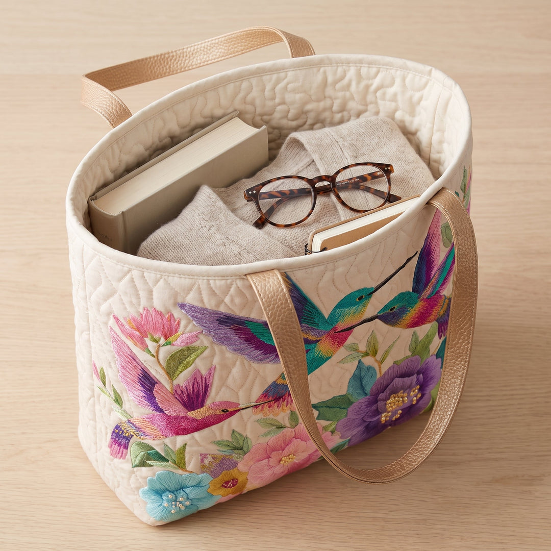 Hummingbird Flower Garden Quilted Tote Bag 3