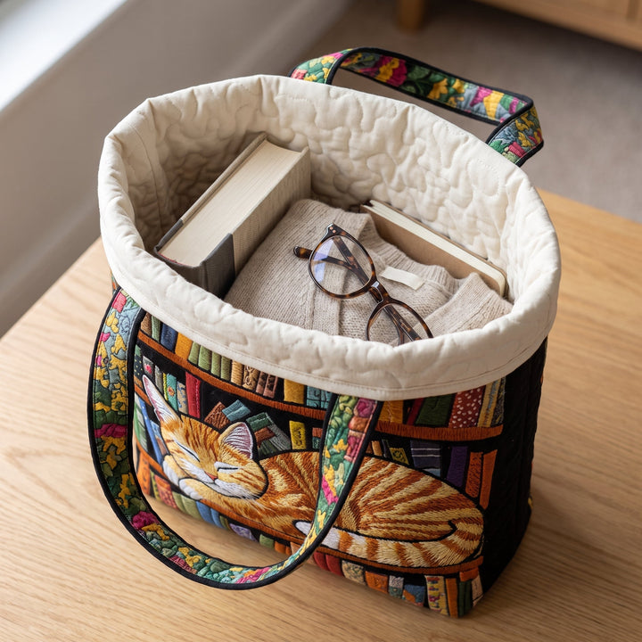 Cat Loves Books Quilted Tote Bag 3