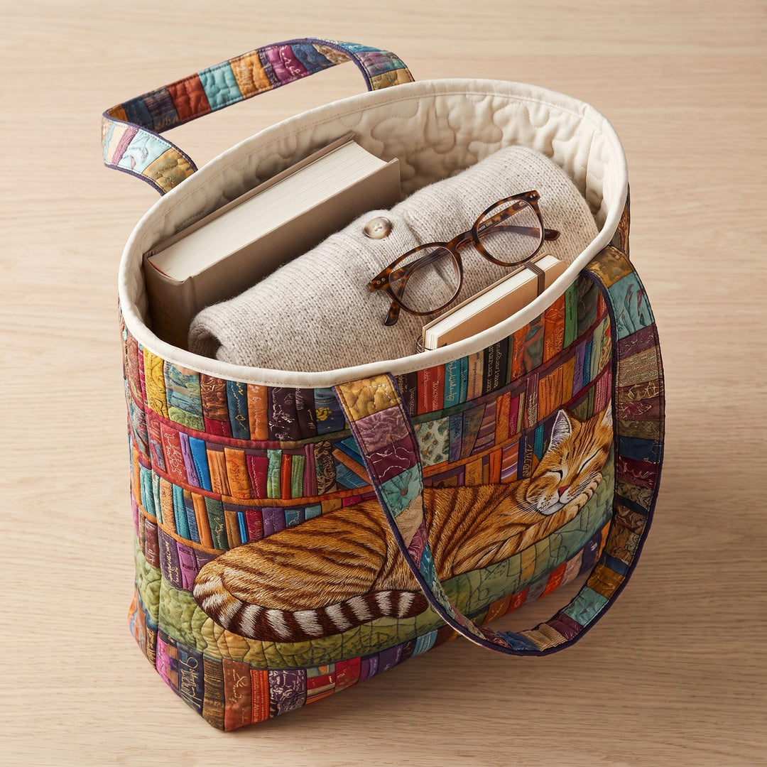 Bookish Cat Nap Quilted Tote Bag 3