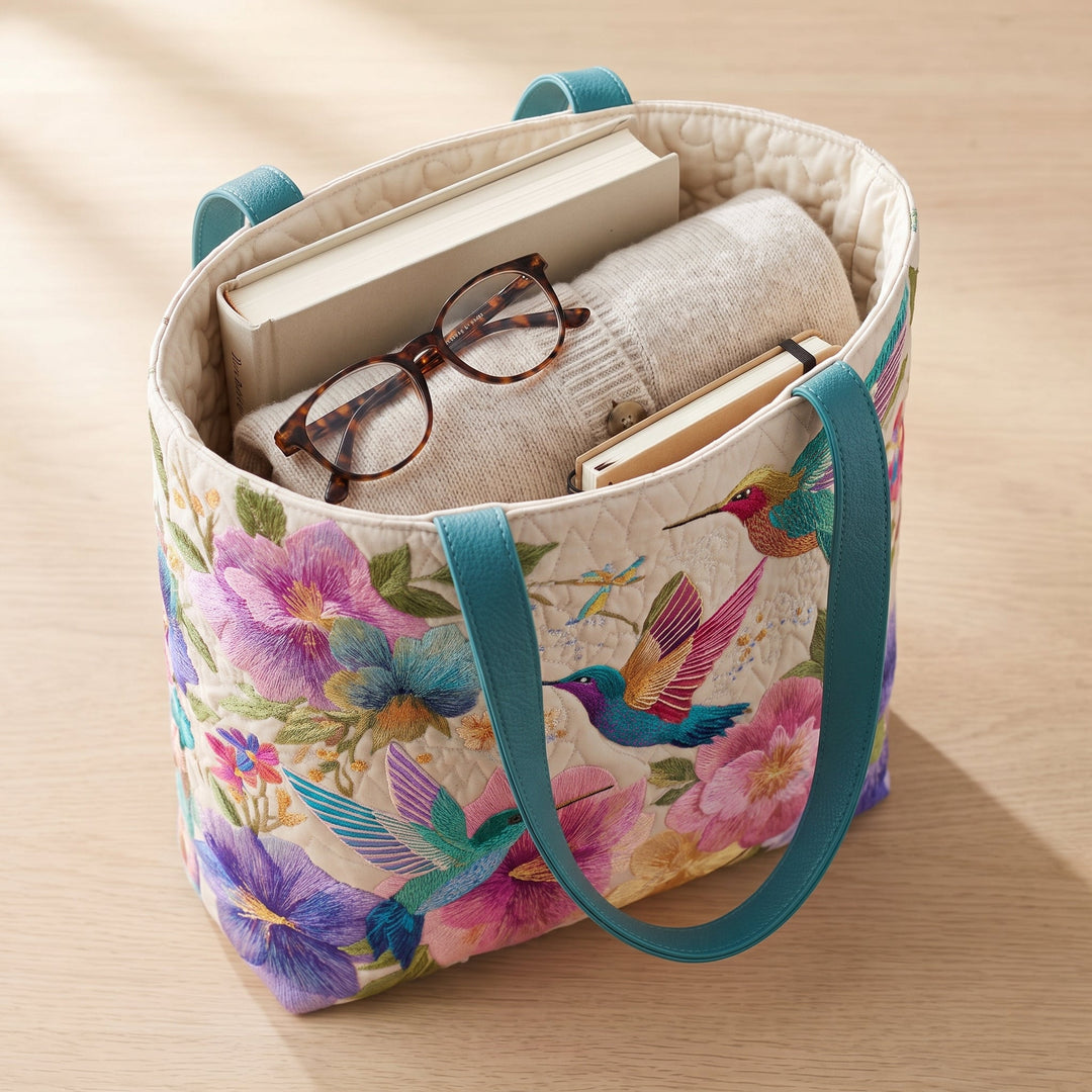 Hummingbird Garden Bloom Quilted Tote Bag 3