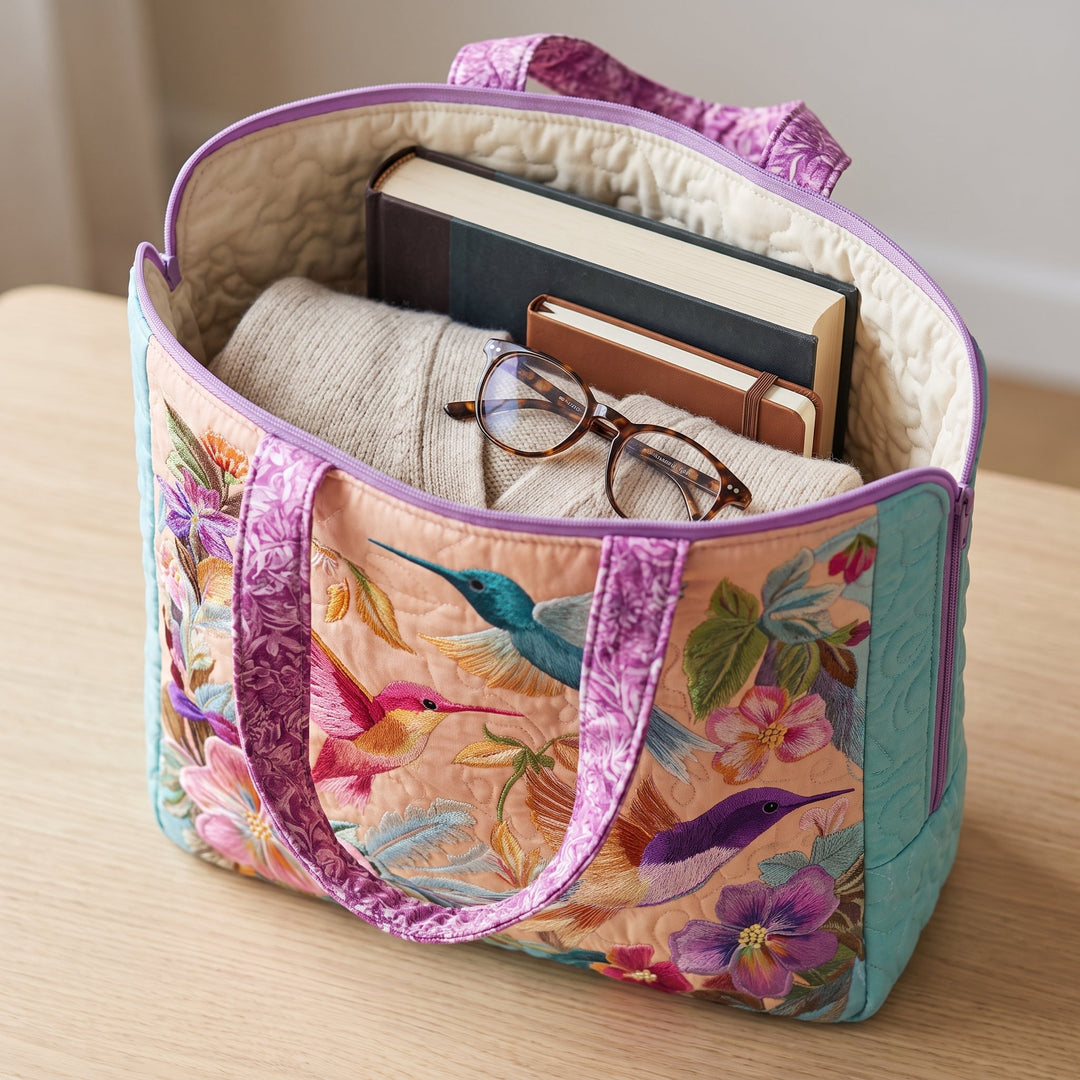 Hummingbird Flower Quilted Tote Bag 3