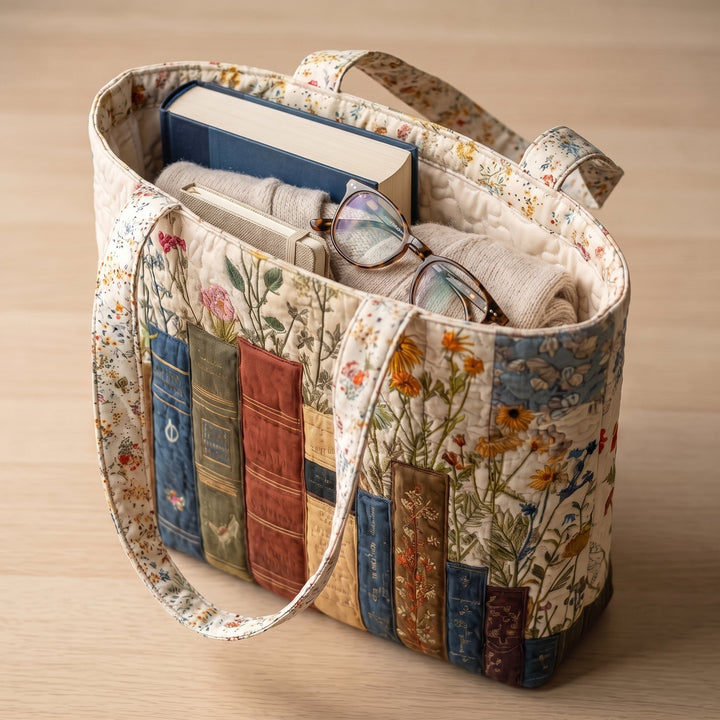 Artisan Quilted Bag - Books and Flowers 4