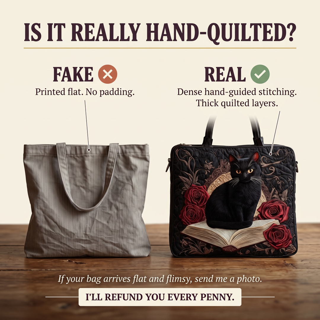 Quilted Artisan Bag - Black Cat on Books 6