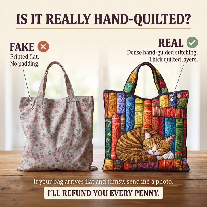 Vintage Library Cat Quilted Tote Bag 4