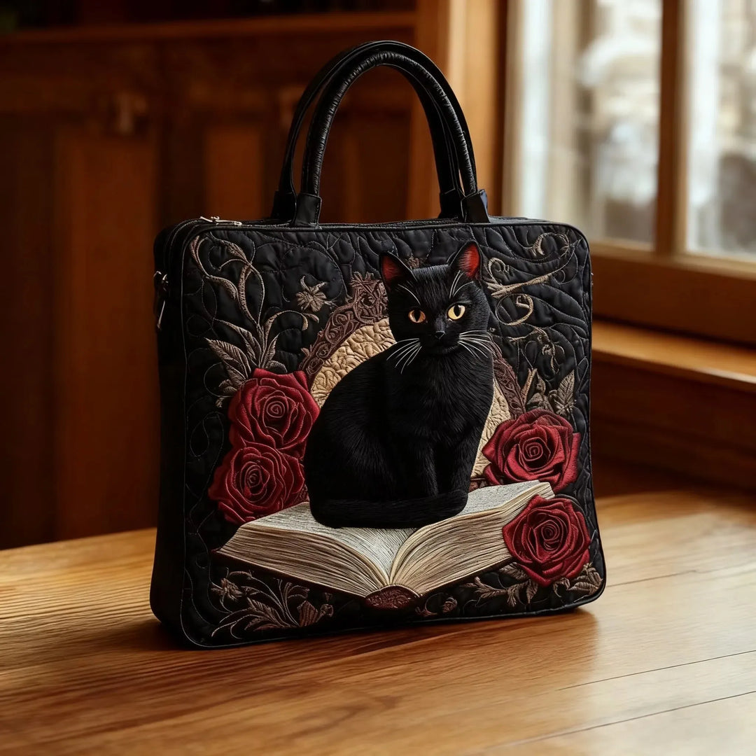 Quilted Artisan Bag - Black Cat on Books 1