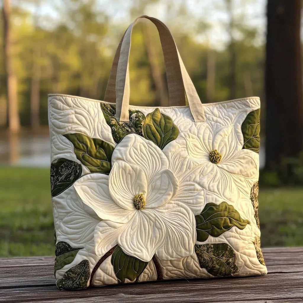Artisanal Quilted Tote Bag - Elegant White Lilies 1