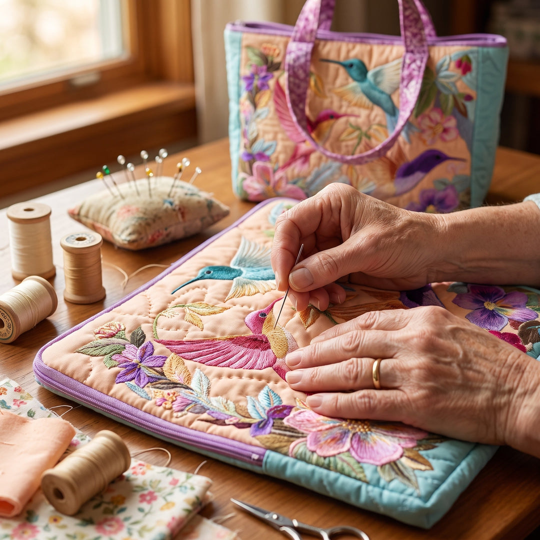 Hummingbird Flower Quilted Tote Bag 5