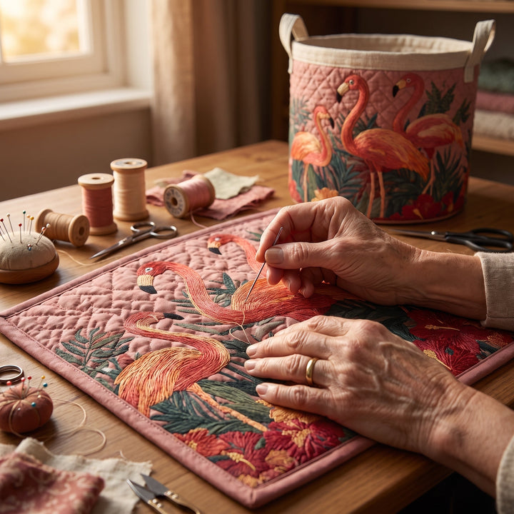 Flamingos in the Sun Quilted Laundry Basket 6