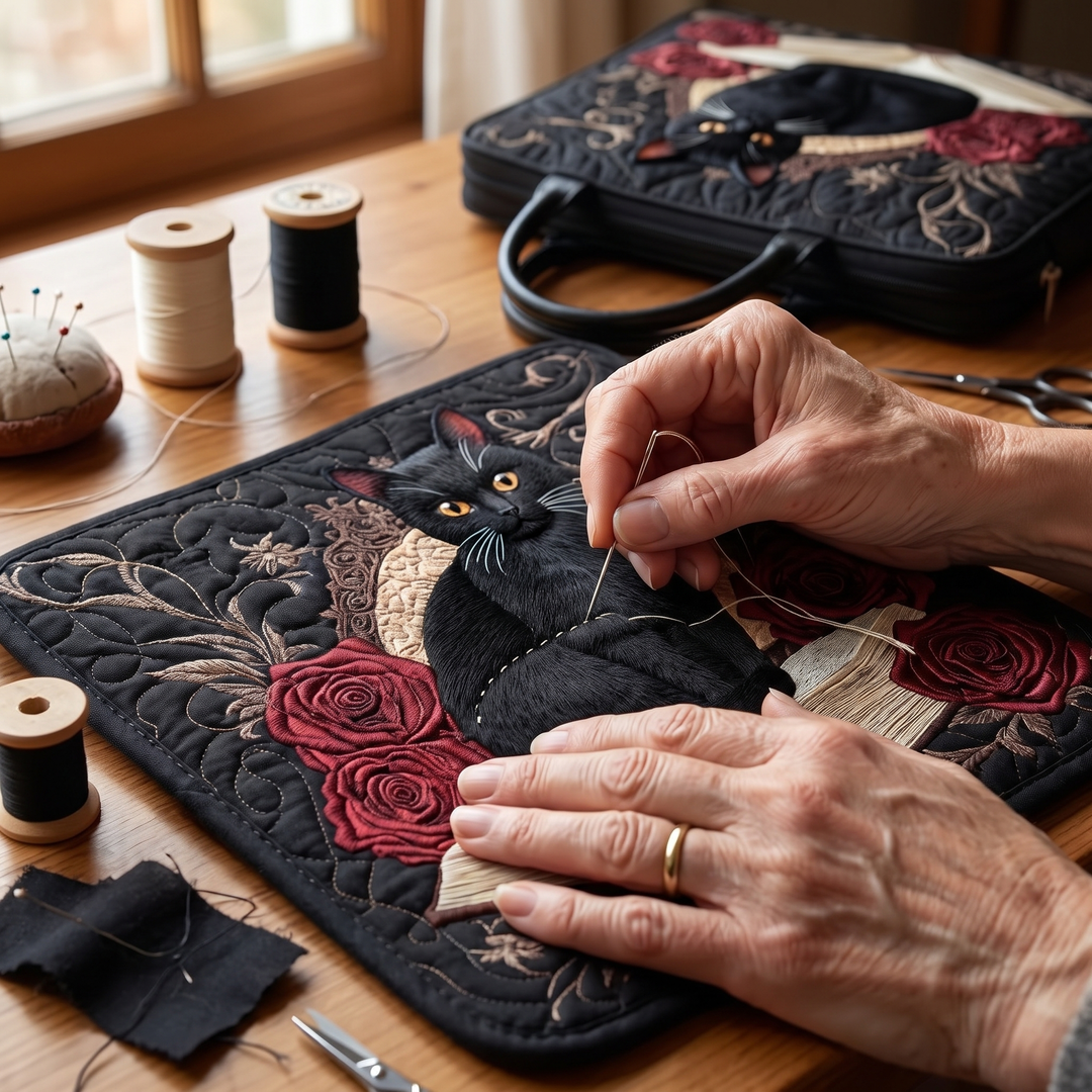 Quilted Artisan Bag - Black Cat on Books 7