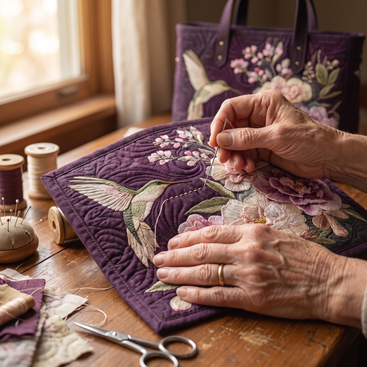 Artisanal Quilted Bag - Hummingbirds and Orchids 8