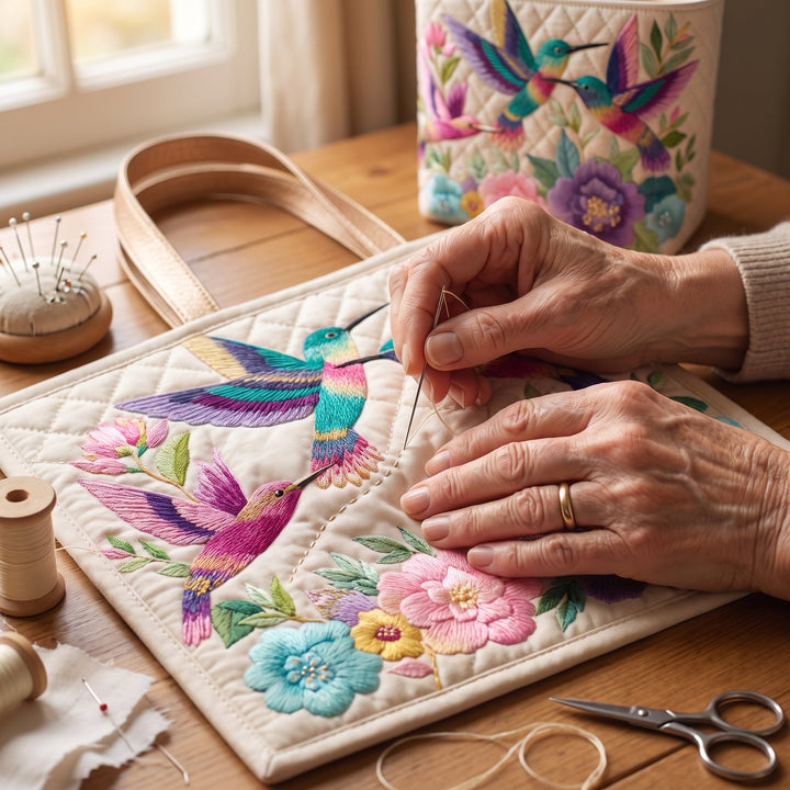 Hummingbird Flower Garden Quilted Tote Bag 5