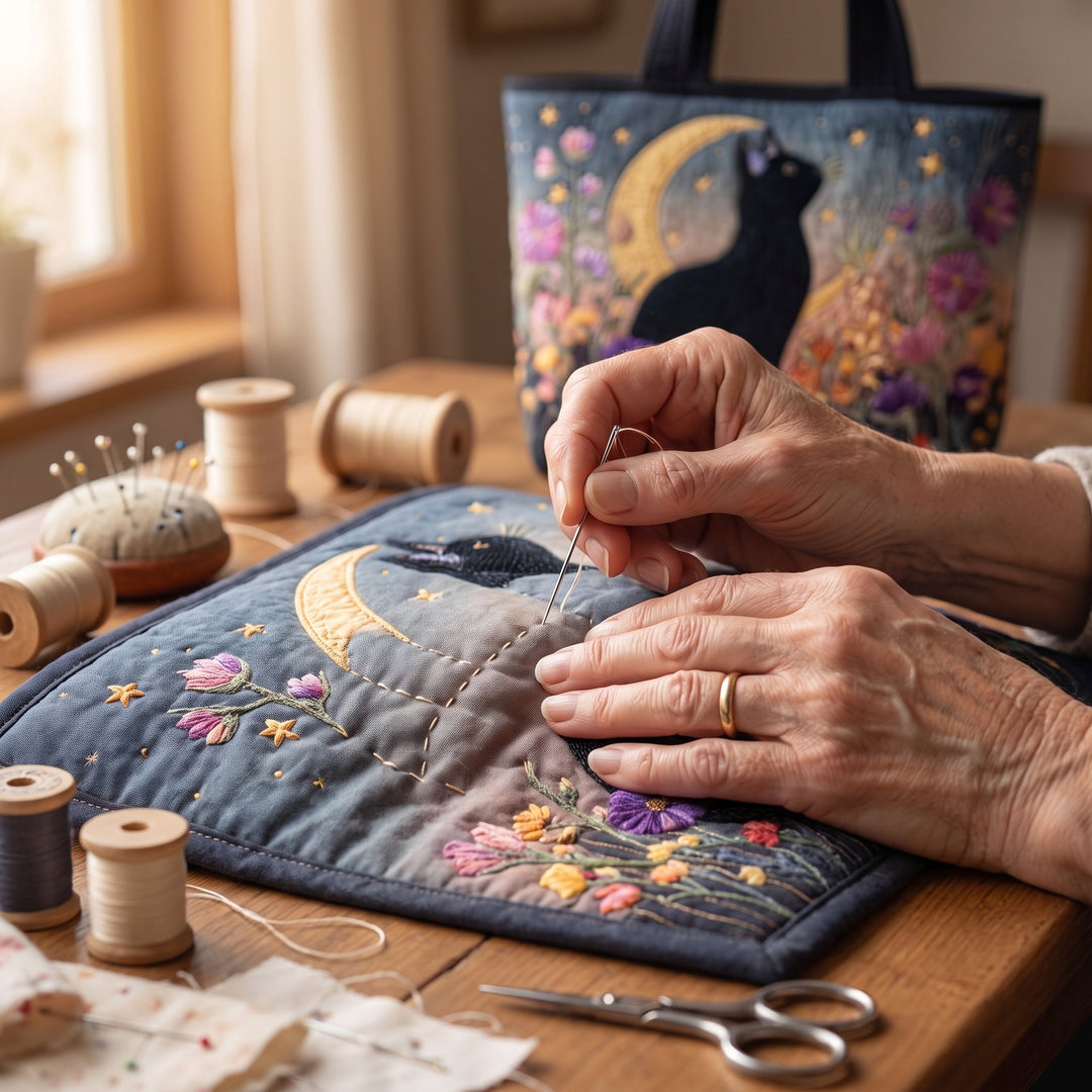 Blossom Night Cat Quilted Tote Bag 5