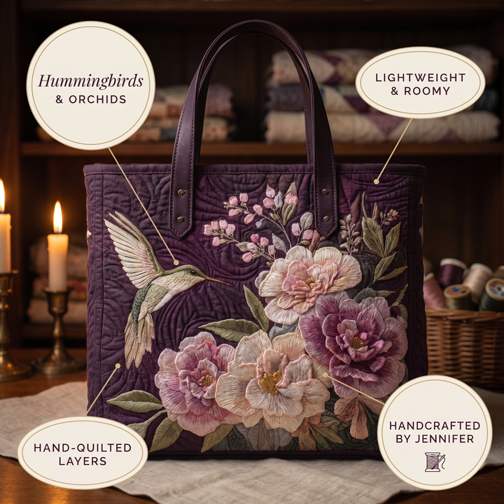 Artisanal Quilted Bag - Hummingbirds and Orchids 9