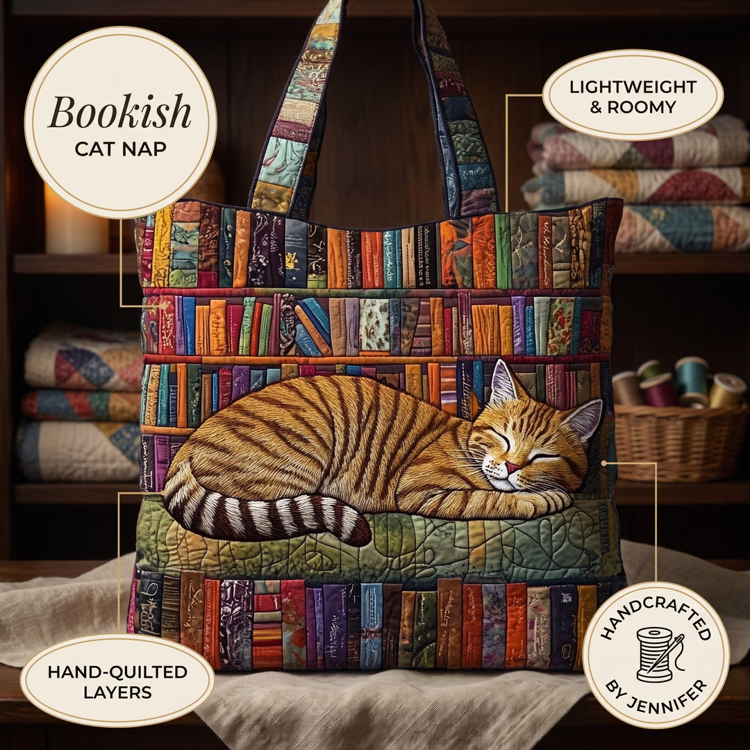 Bookish Cat Nap Quilted Tote Bag 6