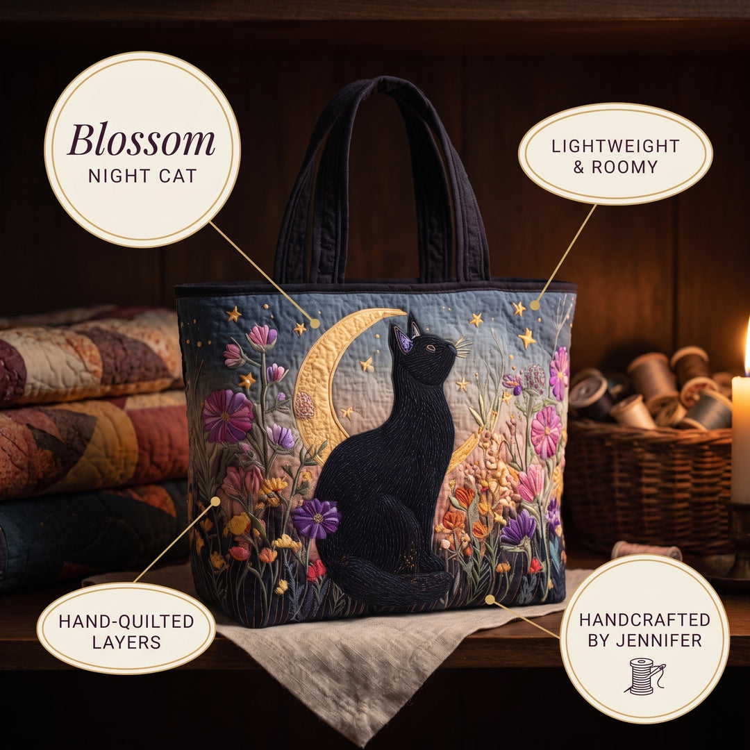 Blossom Night Cat Quilted Tote Bag 6