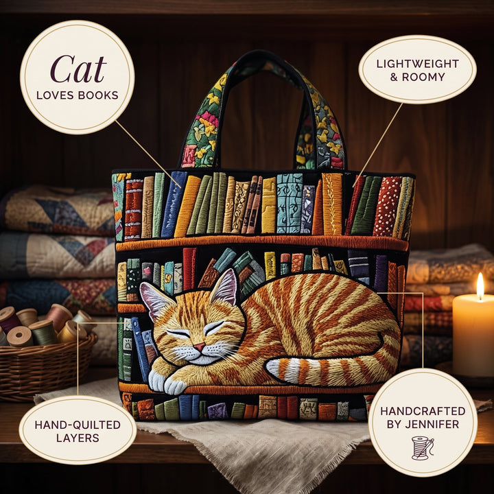 Cat Loves Books Quilted Tote Bag 6