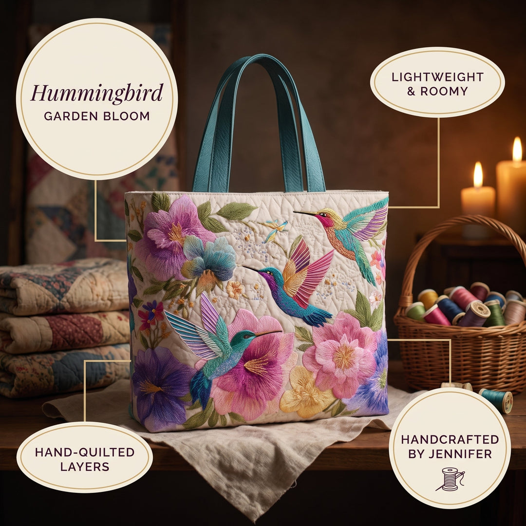 Hummingbird Garden Bloom Quilted Tote Bag 6
