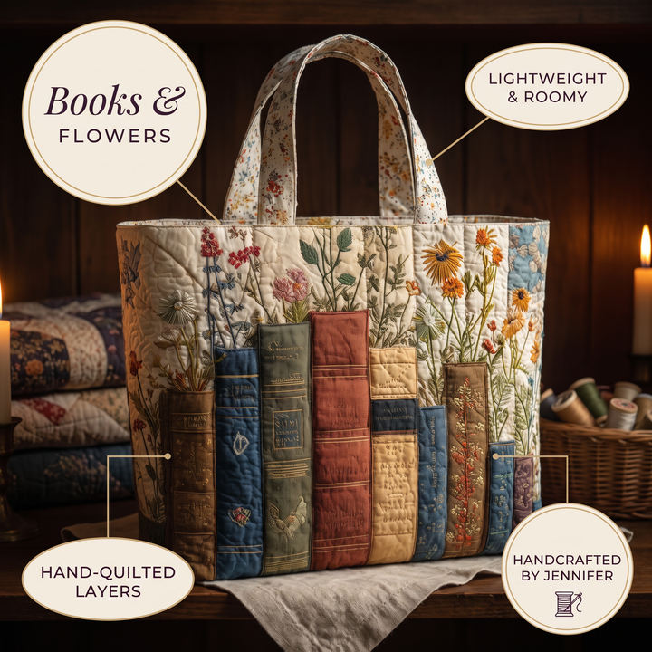 Artisan Quilted Bag - Books and Flowers 7