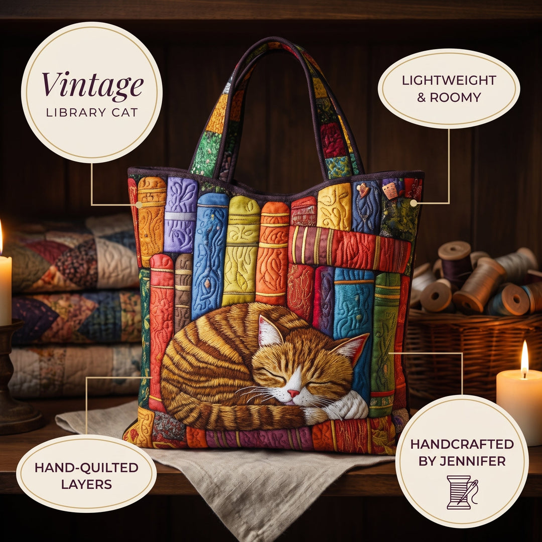 Vintage Library Cat Quilted Tote Bag 6