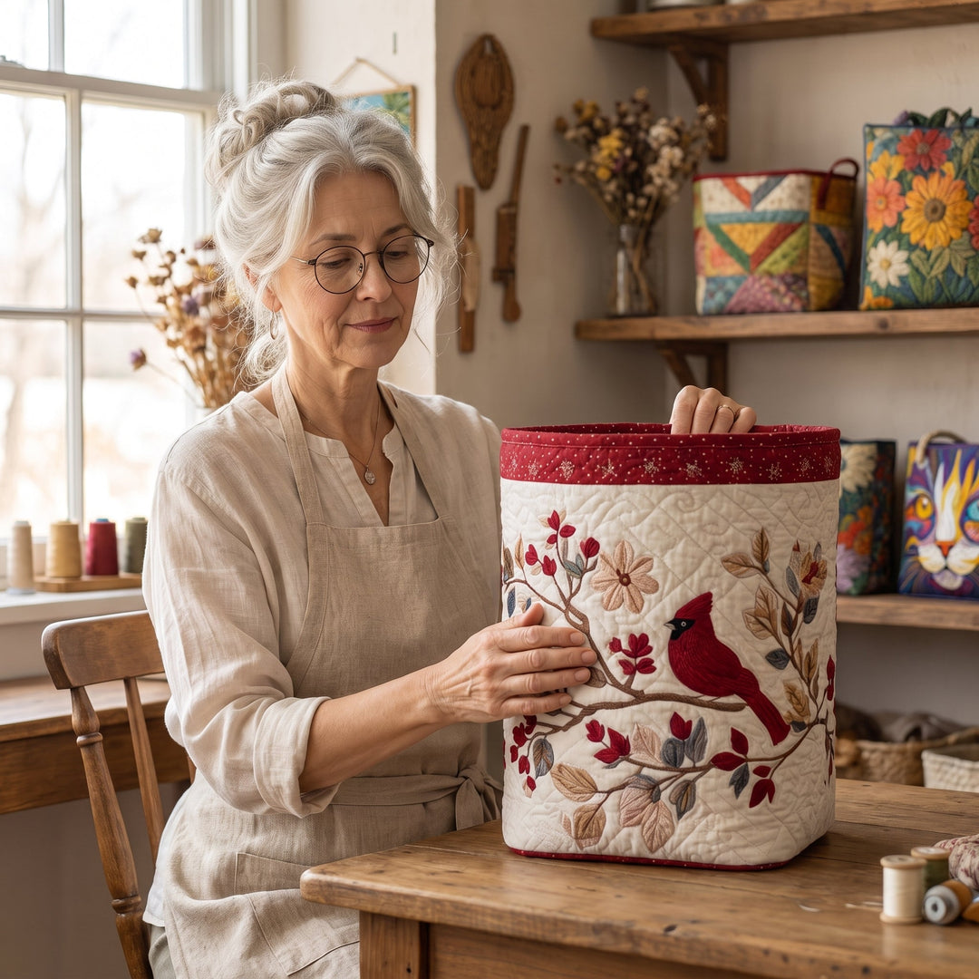 Carmine Leaves Quilted Laundry Basket 8