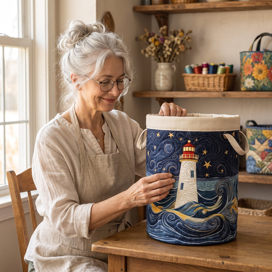 Lighthouse at Dusk Quilted Laundry Basket 8