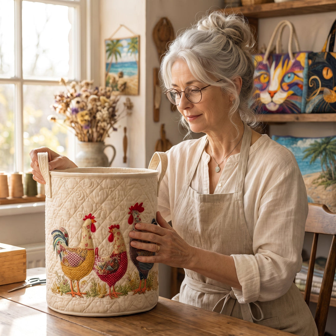 Cheerful Chicken Coop Quilted Laundry Basket 8