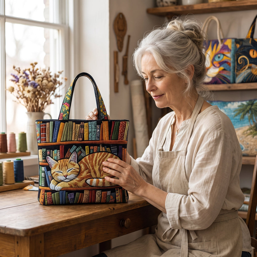 Cat Loves Books Quilted Tote Bag 7