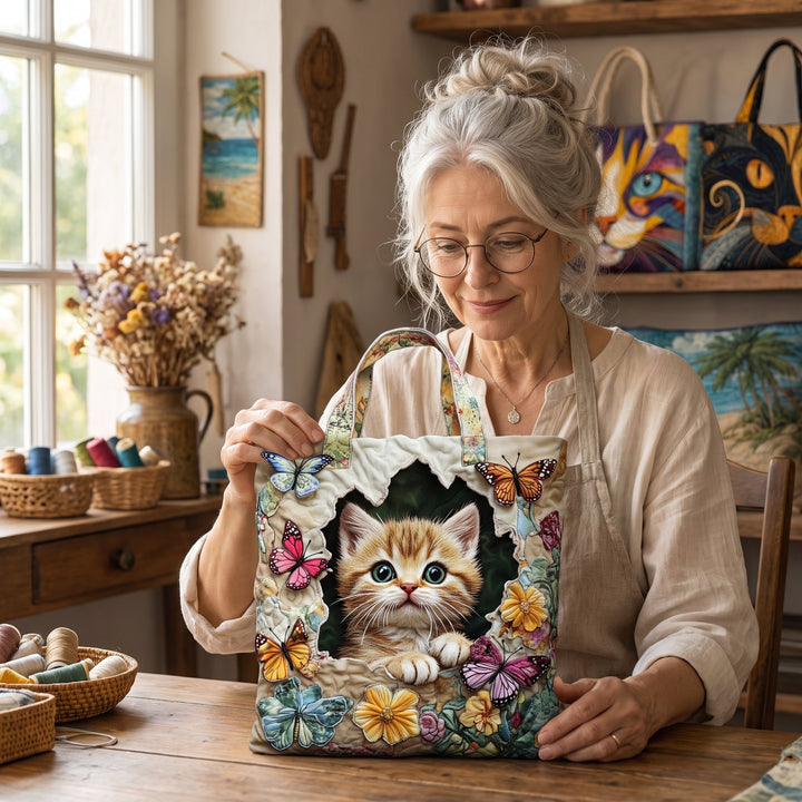 Butterfly Cat Quilted Tote Bag 7