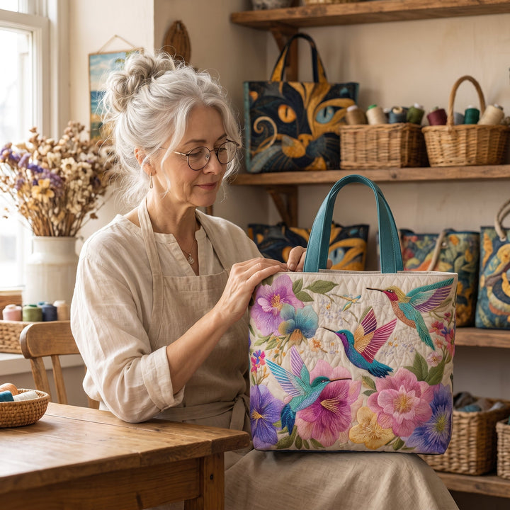 Hummingbird Garden Bloom Quilted Tote Bag 7
